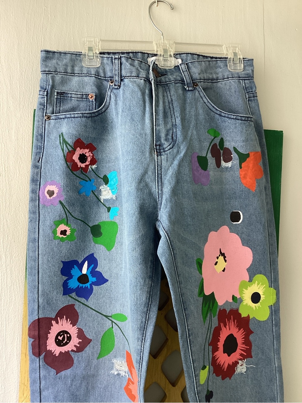 Light Blue Women's Straight Leg Jeans with Hand-Painted Floral Detail